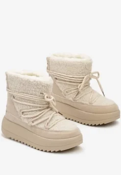 Beżowe Niezapinane Śniegowce na Niskiej Platformie z Futerkiem i Sznurowaniem Avalisande
