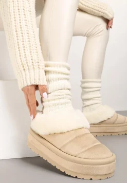 Beżowe Niskie Śniegowce Ekozamszowe na Platformie z Pikowaniem i Futerkiem Realira