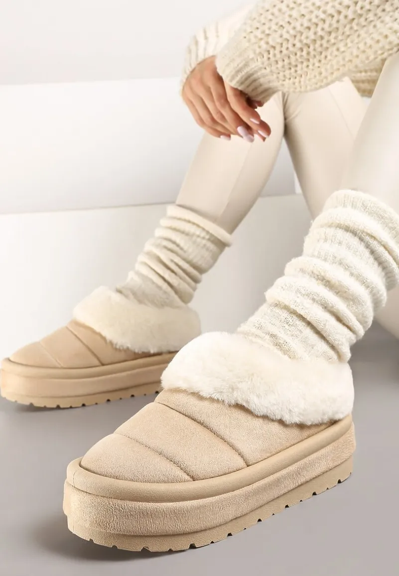 Beżowe Niskie Śniegowce Ekozamszowe na Platformie z Pikowaniem i Futerkiem Realira