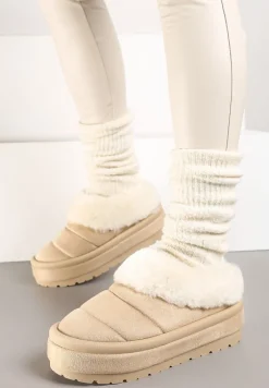 Beżowe Niskie Śniegowce Ekozamszowe na Platformie z Pikowaniem i Futerkiem Realira