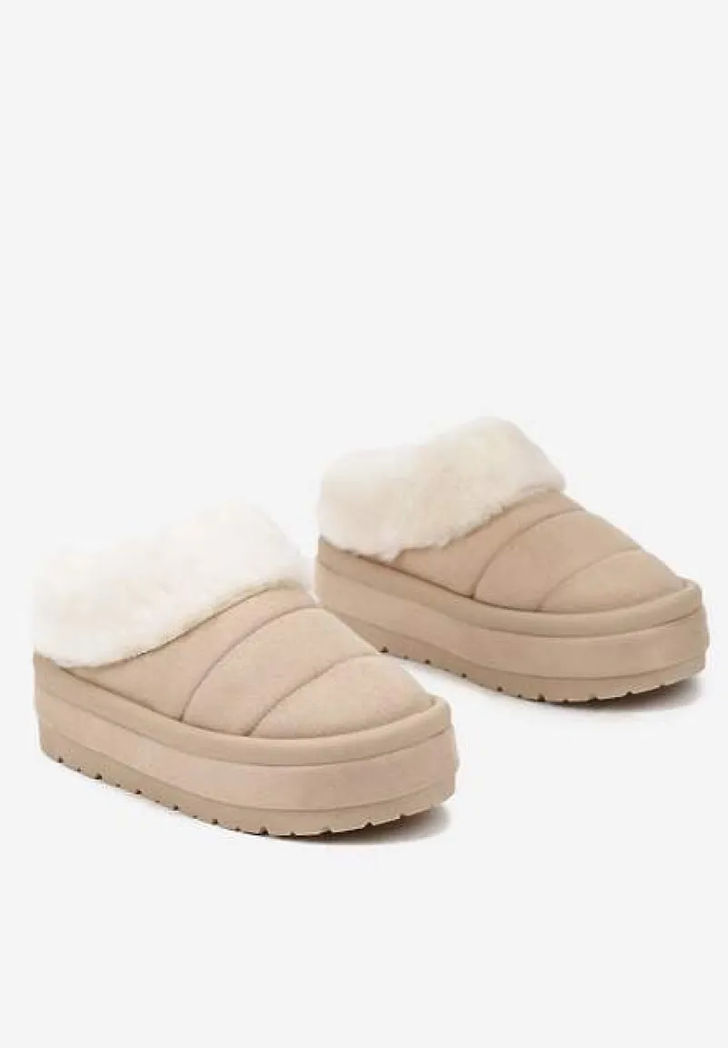 Beżowe Niskie Śniegowce Ekozamszowe na Platformie z Pikowaniem i Futerkiem Realira