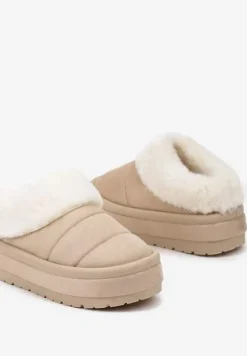 Beżowe Niskie Śniegowce Ekozamszowe na Platformie z Pikowaniem i Futerkiem Realira