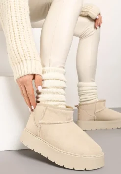 Beżowe Niskie Śniegowce ze Skóry Naturalnej Mocno Ocieplane Rialithe