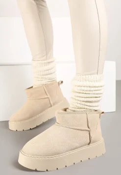 Beżowe Niskie Śniegowce ze Skóry Naturalnej Mocno Ocieplane Rialithe