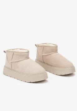 Beżowe Niskie Śniegowce ze Skóry Naturalnej Mocno Ocieplane Rialithe