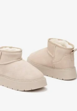 Beżowe Niskie Śniegowce ze Skóry Naturalnej Mocno Ocieplane Rialithe