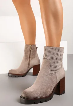 Beżowe Ocieplane Botki na Platformie i Obcasie Rindria