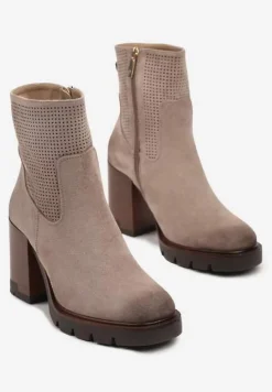 Beżowe Ocieplane Botki na Platformie i Obcasie Rindria
