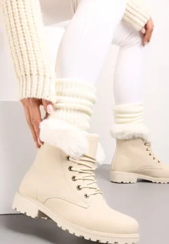Beżowe Ocieplone Botki Trapery z Futerkiem Wokół Cholewki Atuval