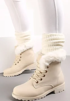 Beżowe Ocieplone Botki Trapery z Futerkiem Wokół Cholewki Atuval
