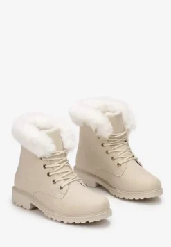 Beżowe Ocieplone Botki Trapery z Futerkiem Wokół Cholewki Atuval