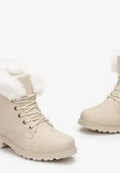 Beżowe Ocieplone Botki Trapery z Futerkiem Wokół Cholewki Atuval
