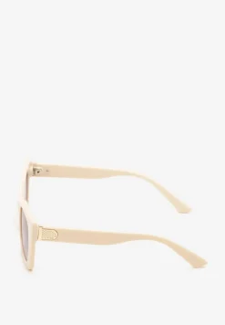 Beżowe Okulary Przeciwsłoneczne z Filtrem UV Kocie Oczy z Metalicznym Zdobieniem Flessa