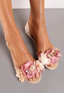 Beżowe Otwarte Balerinki z Aplikacją z Kwiatami Anlofi