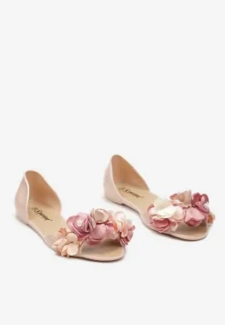 Beżowe Otwarte Balerinki z Aplikacją z Kwiatami Anlofi