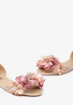 Beżowe Otwarte Balerinki z Aplikacją z Kwiatami Anlofi