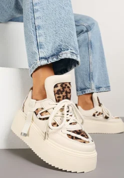 Beżowe Panterkowe Sneakersy na Platformie Ozdobione Sznurowaniem Vilvia