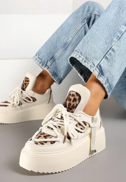 Beżowe Panterkowe Sneakersy na Platformie Ozdobione Sznurowaniem Vilvia
