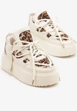 Beżowe Panterkowe Sneakersy na Platformie Ozdobione Sznurowaniem Vilvia