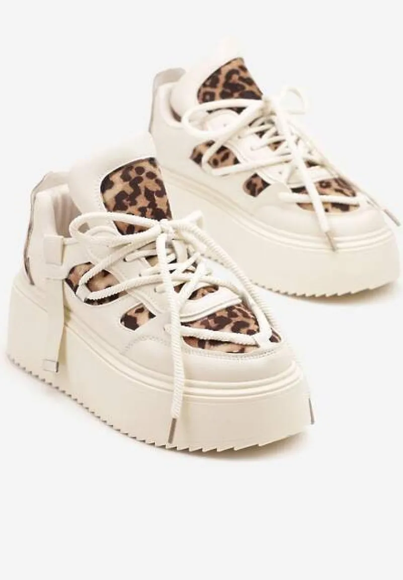 Beżowe Panterkowe Sneakersy na Platformie Ozdobione Sznurowaniem Vilvia