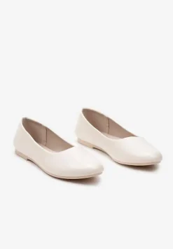 Beżowe Płaskie Balerinki z Imitacji Skóry Wsuwane z Okrągłym Noskiem Jemenna