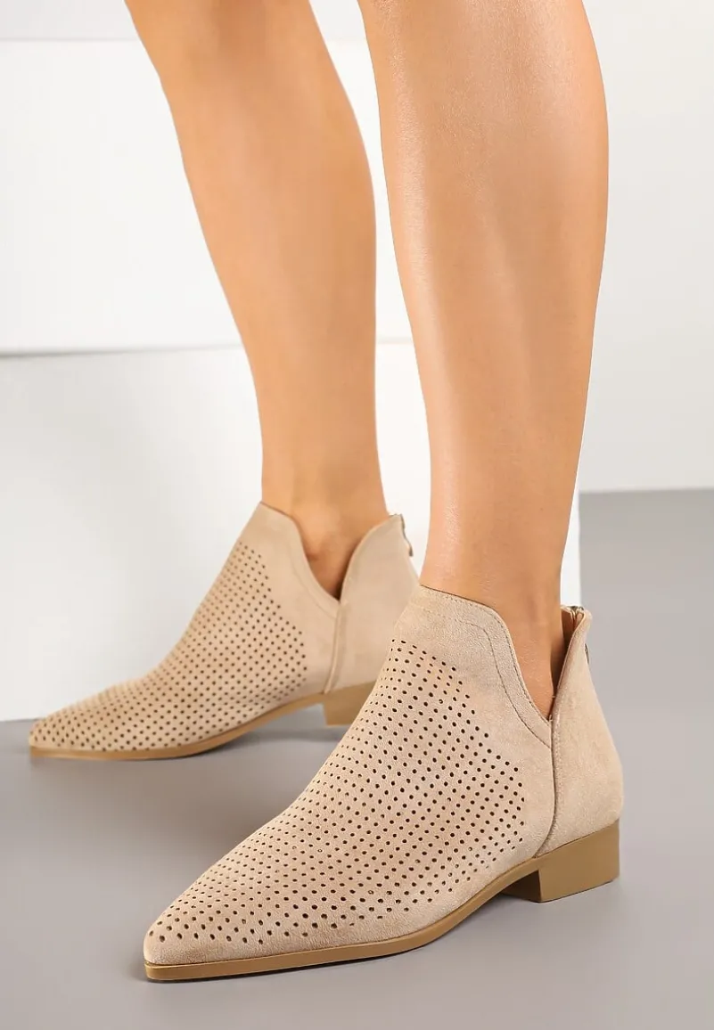Beżowe Płaskie Botki Vices z Ażurową Cholewką Ozdobione Wycięciem Selanis