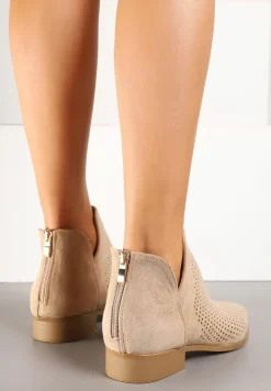 Beżowe Płaskie Botki Vices z Ażurową Cholewką Ozdobione Wycięciem Selanis