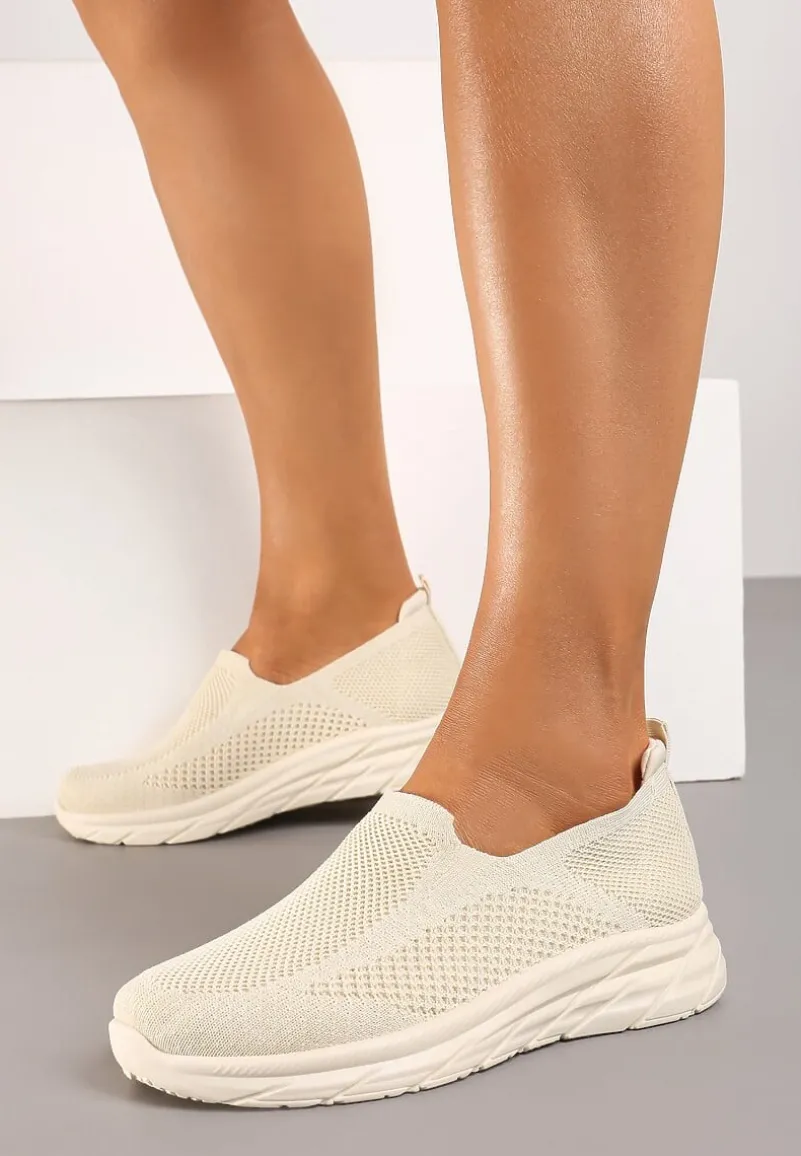 Beżowe Płaskie Casualowe Buty Sportowe na Tłoczonej Podeszwie Carlemia