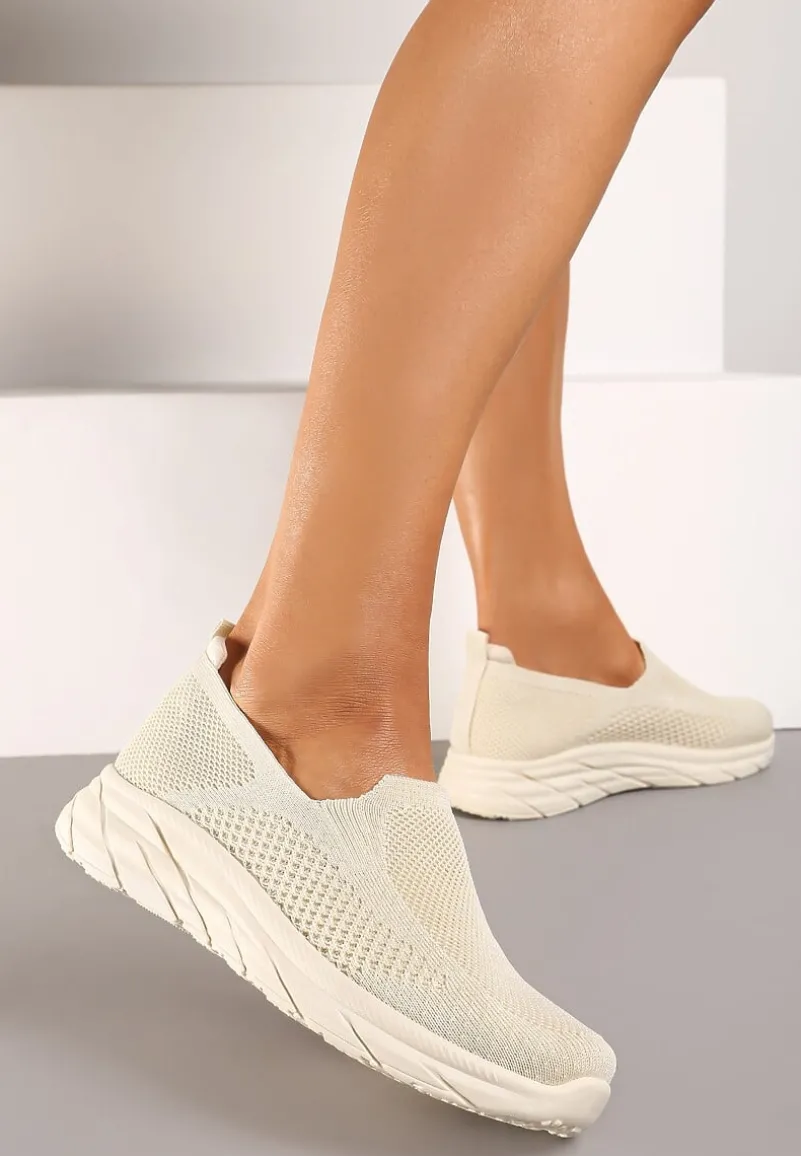 Beżowe Płaskie Casualowe Buty Sportowe na Tłoczonej Podeszwie Carlemia