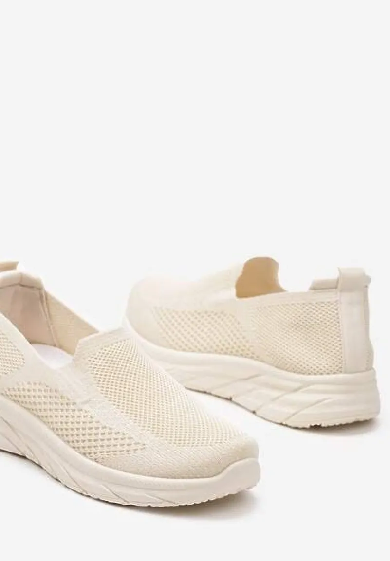 Beżowe Płaskie Casualowe Buty Sportowe na Tłoczonej Podeszwie Carlemia