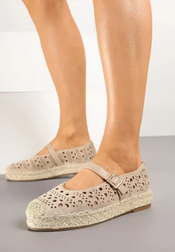 Beżowe Płaskie Espadryle z Plecionką i Ażurową Cholewką Aralithra