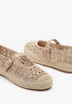 Beżowe Płaskie Espadryle z Plecionką i Ażurową Cholewką Aralithra