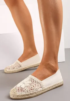 Beżowe Płaskie Espadryle z Ażurową Wstawką na Nosku i Plecioną Podeszwą Rowenas