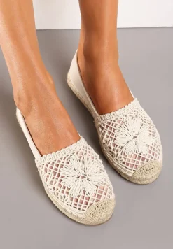 Beżowe Płaskie Espadryle z Ażurową Wstawką na Nosku i Plecioną Podeszwą Rowenas