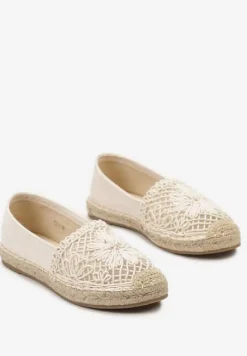 Beżowe Płaskie Espadryle z Ażurową Wstawką na Nosku i Plecioną Podeszwą Rowenas