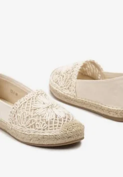 Beżowe Płaskie Espadryle z Ażurową Wstawką na Nosku i Plecioną Podeszwą Rowenas