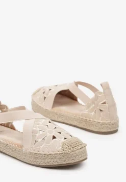Beżowe Płaskie Espadryle z Ażurową Cholewką Elearosea