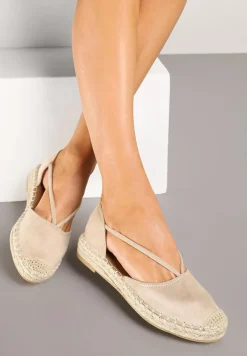 Beżowe Płaskie Espadryle z Wyciętymi Bokami Ozdobione Plecionką Annorila