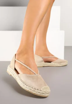 Beżowe Płaskie Espadryle z Wyciętymi Bokami Ozdobione Plecionką Annorila