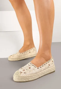 Beżowe Płaskie Espadryle z Ażurową Cholewką Elearwen