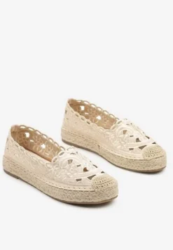 Beżowe Płaskie Espadryle z Ażurową Cholewką Elearwen