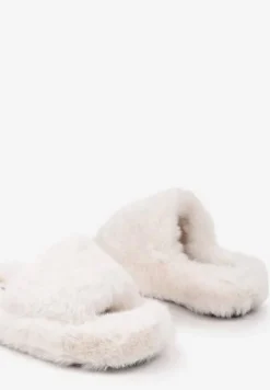 Beżowe Płaskie Kapcie Ozdobione Futerkiem Narinae