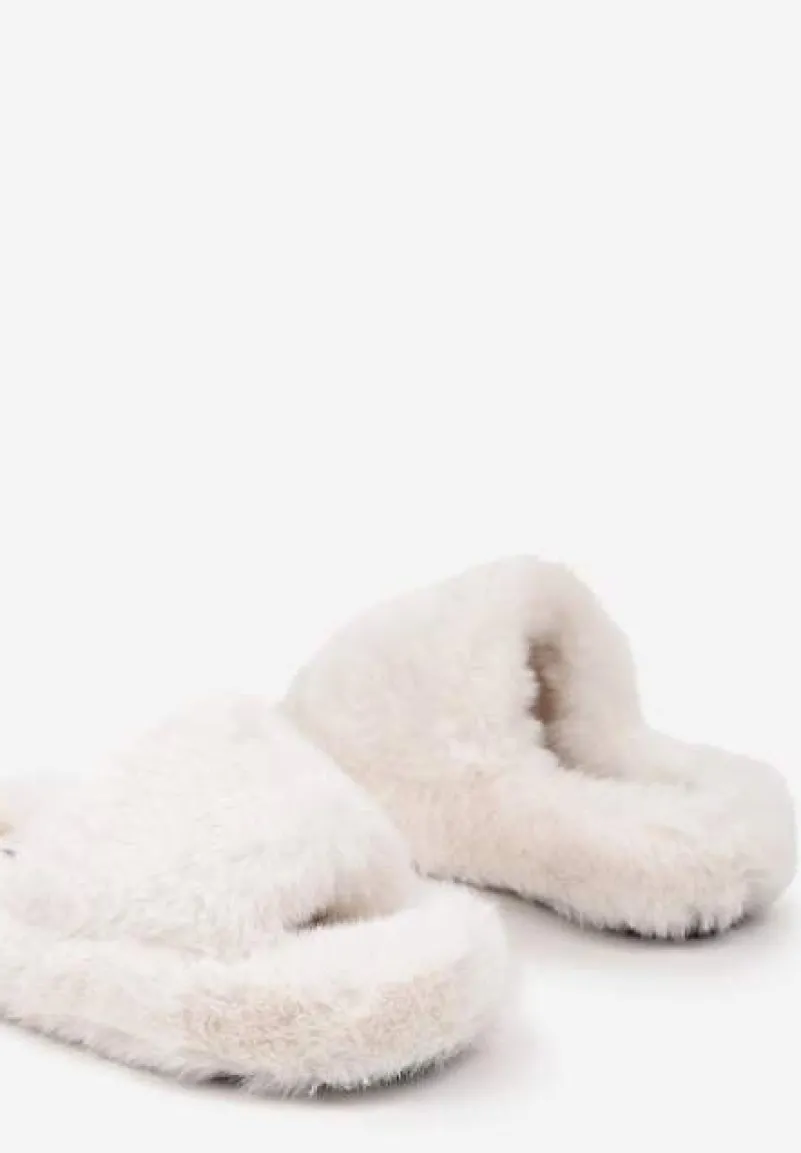 Beżowe Płaskie Kapcie Ozdobione Futerkiem Narinae