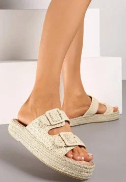Beżowe Płaskie Klapki Ozdobione Plecionką z Regulowanymi Paskami i Sprzączkami Yannia