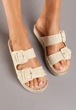 Beżowe Płaskie Klapki Ozdobione Plecionką z Regulowanymi Paskami i Sprzączkami Yannia