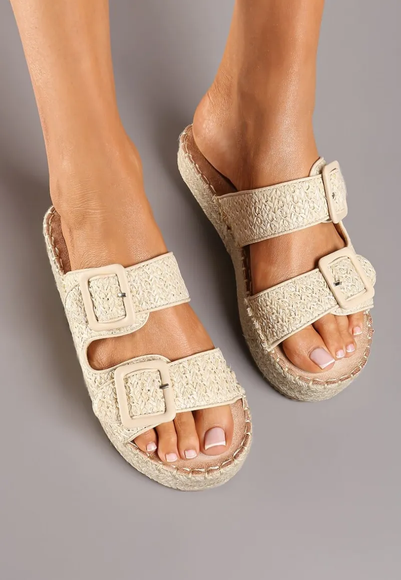 Beżowe Płaskie Klapki Ozdobione Plecionką z Regulowanymi Paskami i Sprzączkami Yannia