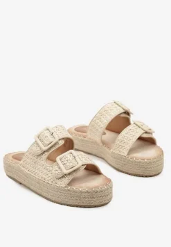 Beżowe Płaskie Klapki Ozdobione Plecionką z Regulowanymi Paskami i Sprzączkami Yannia