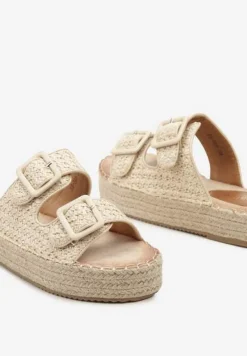 Beżowe Płaskie Klapki Ozdobione Plecionką z Regulowanymi Paskami i Sprzączkami Yannia
