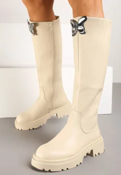 Beżowe Płaskie Kozaki Ozdobione Motylem 3D Remidra