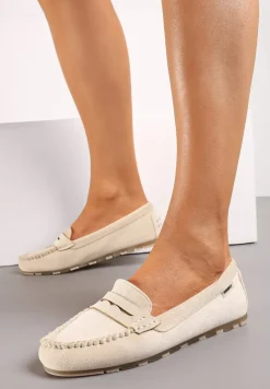 Beżowe Płaskie Mokasyny o Klasycznym Fasonie z Przeszyciem Wenniva